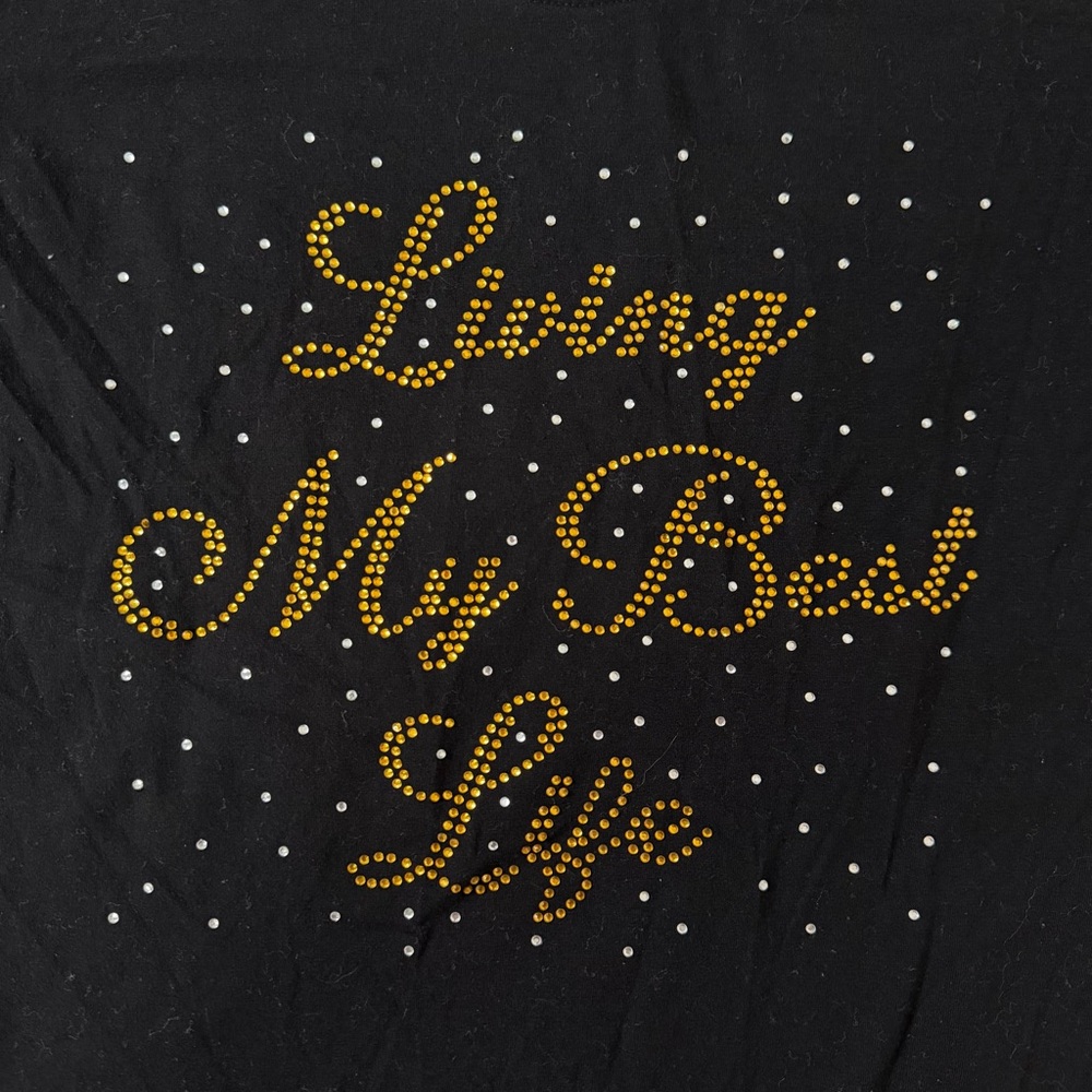 Bedazzled Black Tee with Gold Rhinestone “Living My Best Life”